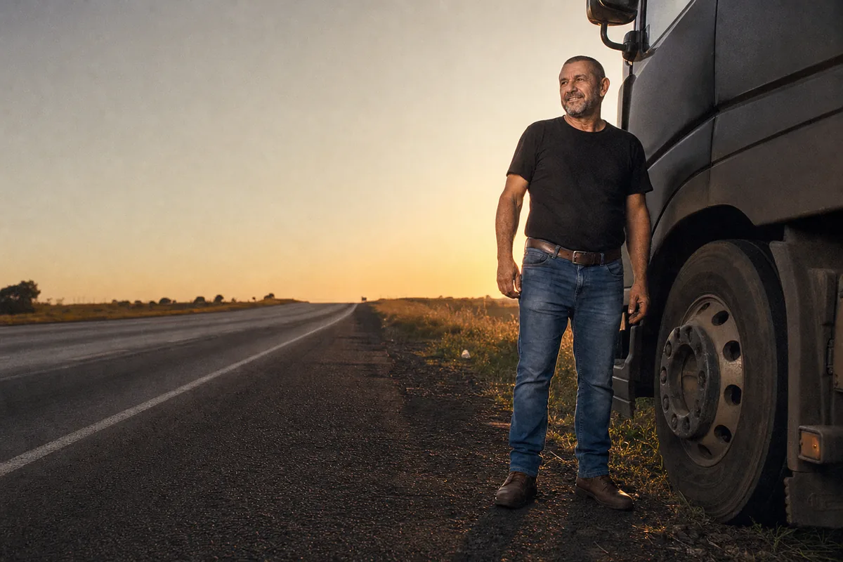 Caminhoneiro olhando o horizonte ao lado da carreta parada no acostamento de uma rodovia